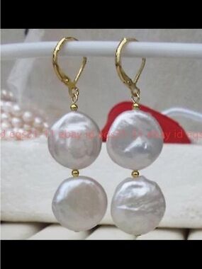Freshwater Coin Pearl Drop Earrings in Iridescent Gold Hook & Clasp